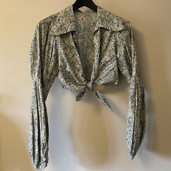 Kapital Blue and Cream Paisley Tie-Front Blouse - Picture 2 of 6